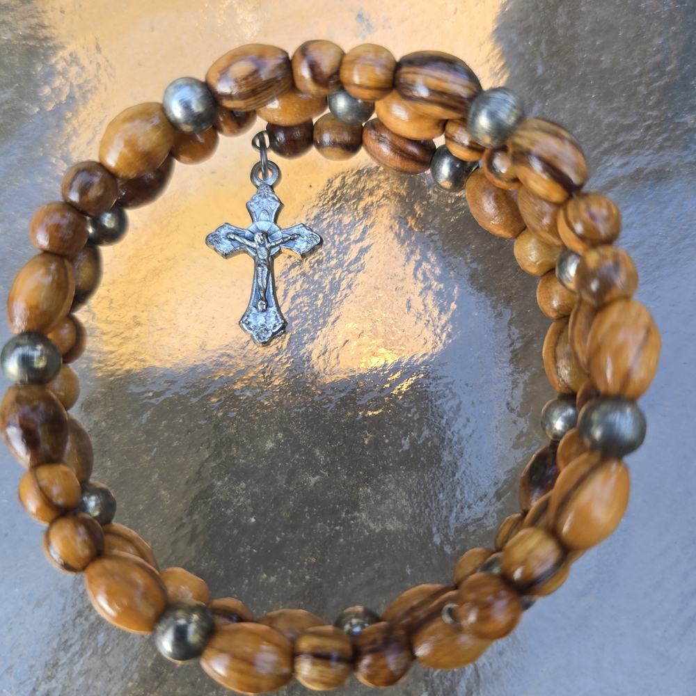 Natural Wood Beaded Bracelet with Silver Cross Charm